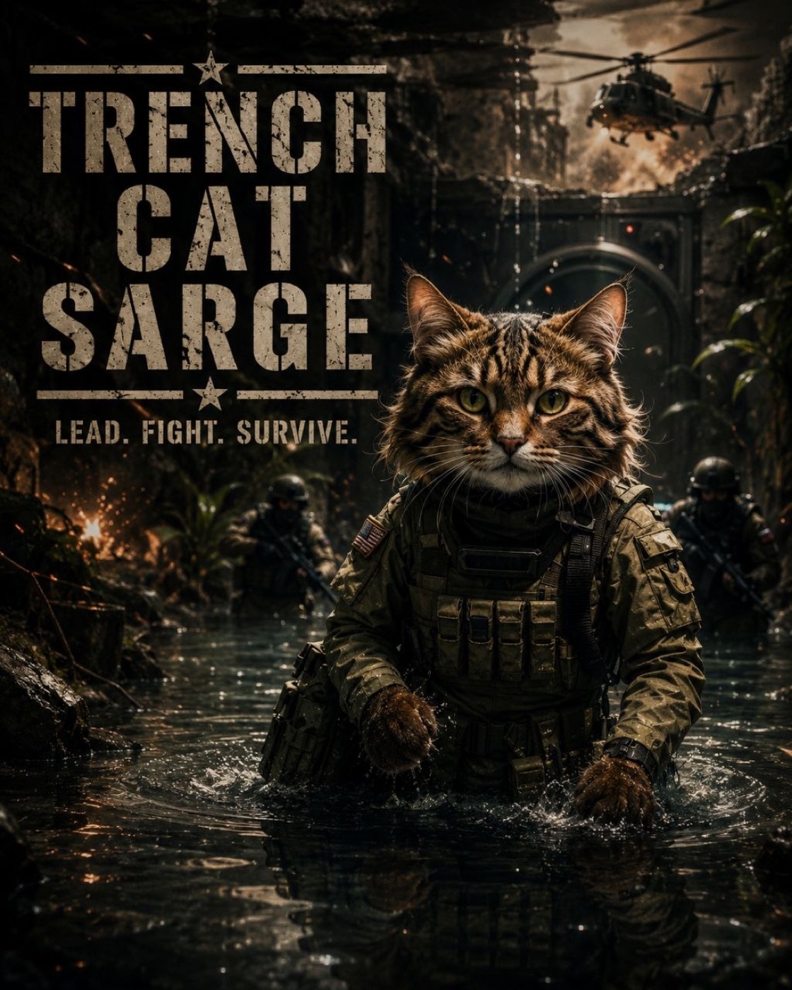 Sarge wading through jungle water