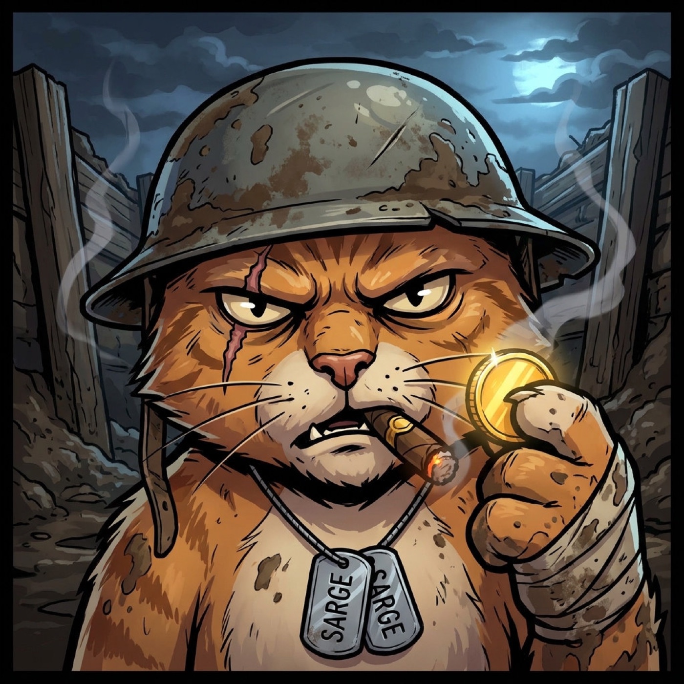 Sarge holding a gold coin