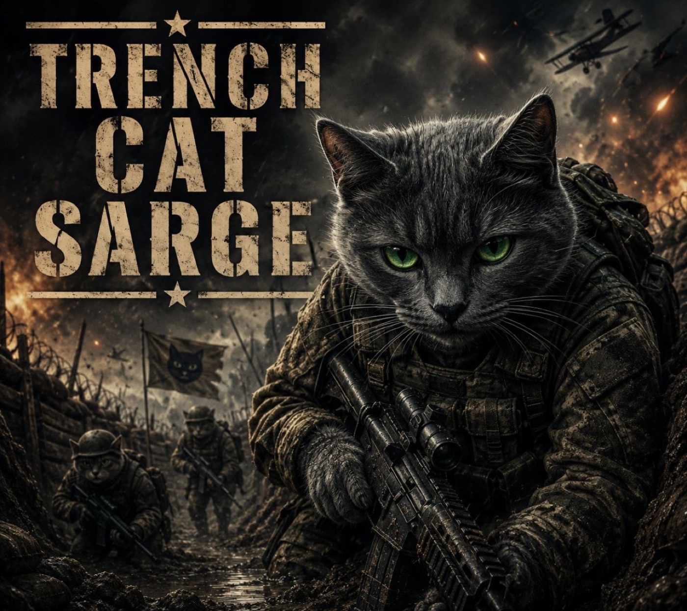 Grey trench cat with rifle
